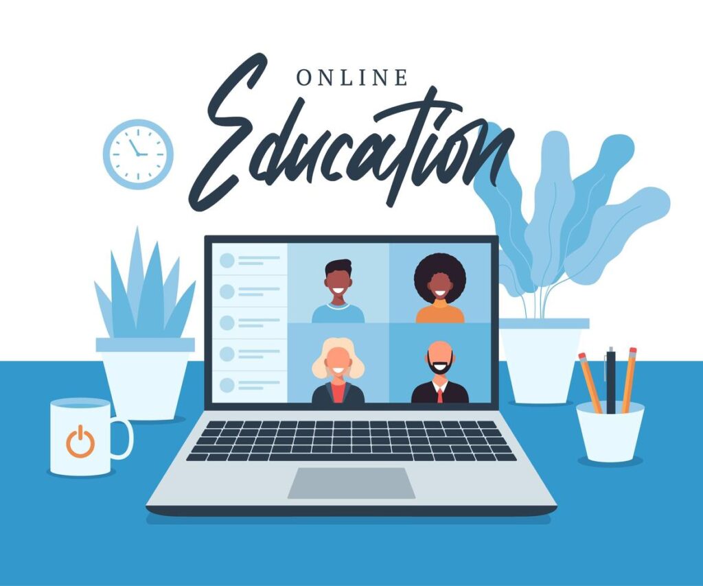 online education e learning online course concept home school illustration students on laptop computer screen distance learning new normal cartoon flat illustration vector